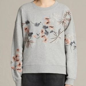 All Saints Margot Embroidered floral Sweatshirt, Gray Womens Sz XS Oversized Fit